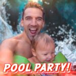 Smiling man holds a laughing toddler on a green pool float with 'POOL PARTY!' text overlay in a bright pool scene