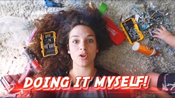 Woman lying on a rug surrounded by tools, screws, and a drill, with bold 'DOING IT MYSELF!' text as a video thumbnail