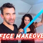 Two people in a partly renovated room; man smiles at camera while woman lifts bright blue tape, with 'OFFICE MAKEOVER!' overlay