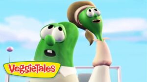 Two VeggieTales cucumbers look surprised against a blue sky, with the VeggieTales logo in the corner.