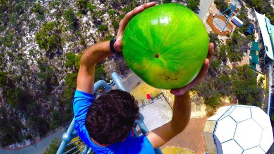 Person in a blue shirt grasps a large bright green watermelon overhead while standing on a tall metal structure, viewed from above to the ground below