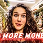Young woman in a flower shop with a surprised expression and bold 'NO MORE MONEY!' caption across the bottom.