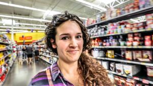 Smiling woman with curly hair in a grocery store aisle, shelves stocked with products behind her.