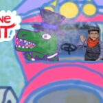 Bright kid-friendly illustration: a pink vehicle with a green dinosaur wearing a top hat driving beside a child in a hat and bandana, with the slogan 'Can you imagine that!' in a cloud text bubble