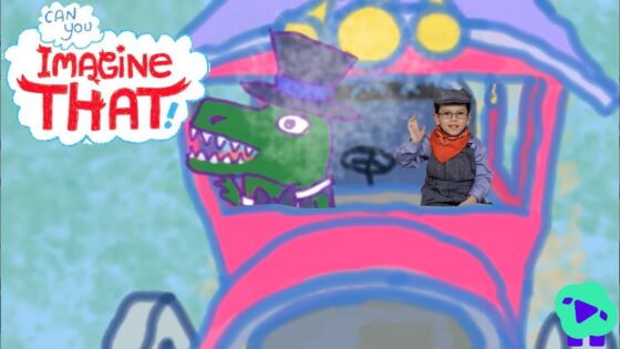 Bright kid-friendly illustration: a pink vehicle with a green dinosaur wearing a top hat driving beside a child in a hat and bandana, with the slogan 'Can you imagine that!' in a cloud text bubble