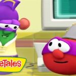 Two VeggieTales characters chat in a bright kitchen; a purple veggie wearing a yellow vest and the red round veggie wearing a gray hat look at each other, with the VeggieTales logo in the corner.