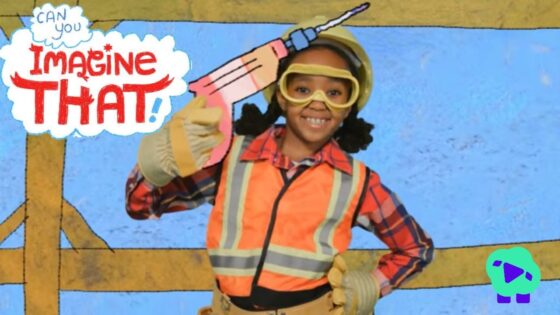 Child in a safety vest and goggles holds a large pink toy syringe beside the 'Imagine That!' graphic.