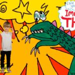 Young boy standing beside a green cartoon dinosaur in a bright, comic-style background with a speech bubble saying 'Imagine That!'