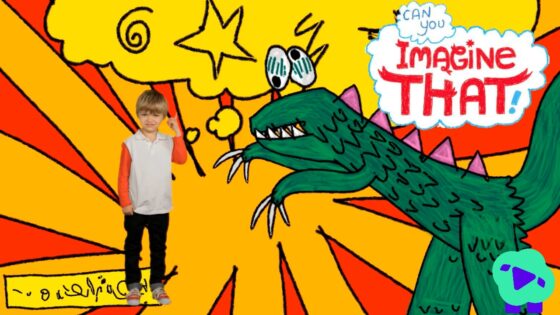 Young boy standing beside a green cartoon dinosaur in a bright, comic-style background with a speech bubble saying 'Imagine That!'