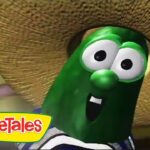 Animated green pepper character from VeggieTales wearing a large straw hat, smiling with the logo in the corner.