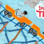 Whimsical collage of an orange toy car with a child driving on a tangled blue track, with an 'Imagine That' cloud logo in the sky