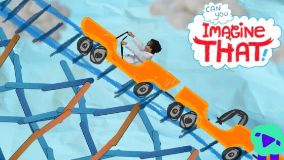 Whimsical collage of an orange toy car with a child driving on a tangled blue track, with an 'Imagine That' cloud logo in the sky