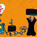 Orange background illustration of a blue robot and a child lifting a tire overhead, with a cloud-shaped speech bubble that reads 'Can you imagine that!'