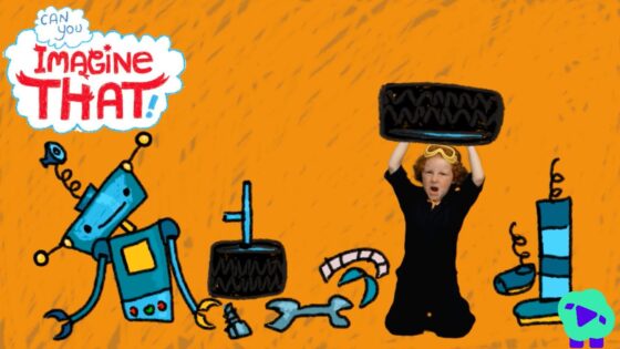 Orange background illustration of a blue robot and a child lifting a tire overhead, with a cloud-shaped speech bubble that reads 'Can you imagine that!'
