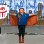 Child in blue shirt with orange cape and mask stands with arms outstretched on a painted city rooftop, 'Imagine That!' banner to the left.