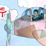 Illustrated airplane cockpit with a smiling boy piloting, blue sky and clouds, 'Imagine That!' in a speech bubble nearby