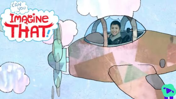 Illustrated airplane cockpit with a smiling boy piloting, blue sky and clouds, 'Imagine That!' in a speech bubble nearby