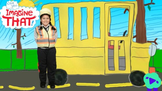Child wearing a reflective safety vest and hat stands next to a large yellow bus drawing in a bright, colorful scene.