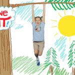 Child hangs from a tree branch in a cartoon forest with a bright sun and the words 'Imagine That!' in a cloud bubble.