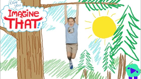 Child hangs from a tree branch in a cartoon forest with a bright sun and the words 'Imagine That!' in a cloud bubble.