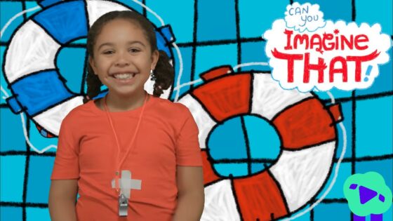 Smiling girl in an orange shirt with a whistle around her neck, standing in front of a blue cartoon lifebuoy background with 'Imagine That' text.
