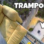 Thumbnail of a yellow couch attached to a high platform, with bold 'TRAMPOLINE' text and an arrow pointing to a drop below, suggesting a stunt video