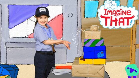 Smiling child in a blue uniform and cap stands beside a stack of wrapped gift boxes in a cartoon-style room with an 'Imagine That!' sign.
