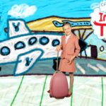 Girl in a pink suit with a pink rolling suitcase stands on a drawn airport runway against a bright, childlike backdrop of an airplane and buildings, with a 'Can You Imagine That!' sign in the sky sugar-cloud.