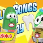 Bright VeggieTales scene with animated vegetables in party outfits against a yellow background; logo reads VeggieTales in the bottom left corner.