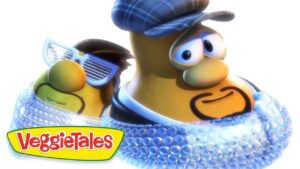 Animated carrot and cucumber characters in bubble wrap with VeggieTales logo, lighthearted scene from the show, sunglasses on one character.