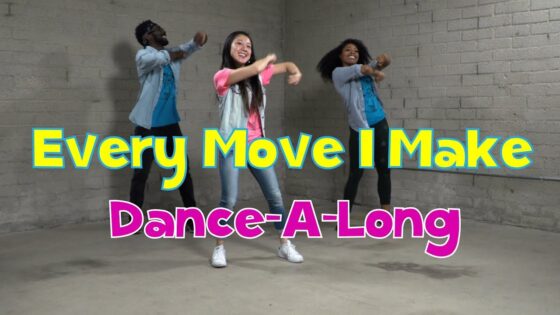 Three people dancing in a brick-walled studio, overlaid with bold yellow text “Every Move I Make” and pink “Dance-A-Long.”