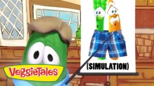 VeggieTales character points to a poster labeled SIMULATION showing two vegetables in plaid shorts.
