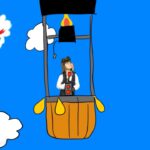 Cartoon girl in a hot air balloon basket against a bright blue sky, with the 'Imagine That!' logo in a cloud on the left side.
