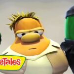 Three VeggieTales characters with a yellow VeggieTales logo in the bottom-left corner, looking toward the viewer.