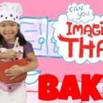 Young girl wearing a chef hat, holding a red mixing bowl against a pink background with 'Imagine That' and large 'BAKER' text.