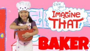 Young girl wearing a chef hat, holding a red mixing bowl against a pink background with 'Imagine That' and large 'BAKER' text.