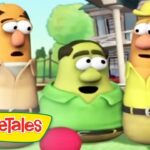 Three VeggieTales characters stand together in a sunny yard, a pink ball in the grass, with a house in the background, logo visible.