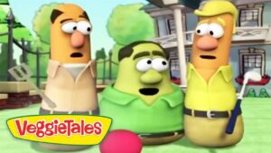 Three VeggieTales characters stand together in a sunny yard, a pink ball in the grass, with a house in the background, logo visible.