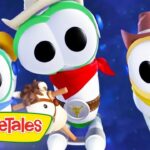 Three VeggieTales characters with large eyes wearing bandanas and space outfits float in a starry blue background with the VeggieTales logo in the corner, suggesting a space adventure.