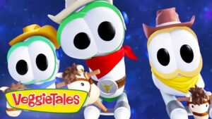 Three VeggieTales characters with large eyes wearing bandanas and space outfits float in a starry blue background with the VeggieTales logo in the corner, suggesting a space adventure.