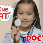Girl in a lab coat with a stethoscope, smiling at the camera; bold 'Imagine That!' graphic and red 'DOCTOR' text in the foreground.
