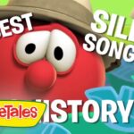 VeggieTales thumbnail: a red cartoon character wearing a hat in a bright jungle background, with bold white text reading 'BEST SILLY SONGS STORY!' and the VeggieTales logo.