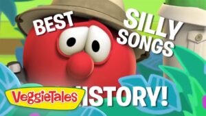 VeggieTales thumbnail: a red cartoon character wearing a hat in a bright jungle background, with bold white text reading 'BEST SILLY SONGS STORY!' and the VeggieTales logo.