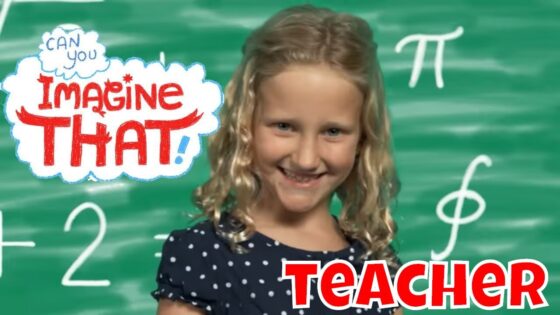 Smiling girl stands in front of a green chalkboard with math symbols, with 'Imagine That!' logo and bold 'TEACHER' text overlay.