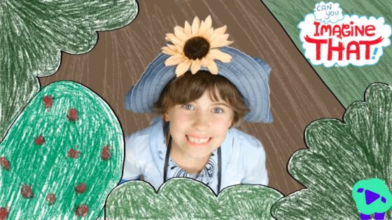 Child wearing a blue hat with a sunflower, smiling, framed by drawn greenery; logo reads 'Imagine That!' in the corner, colorful and playful.