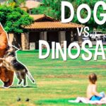 Thumbnail of a large dinosaur costume vs a dog in a grassy park, with kids watching and the title 'DOG vs DINOSAUR' in bold white letters.
