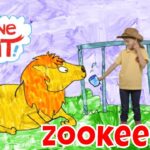 A child in a beige hat and shirt feeds a yellow lion on a grassy field with a cartoon backdrop and 'Imagine That!' title nearby.