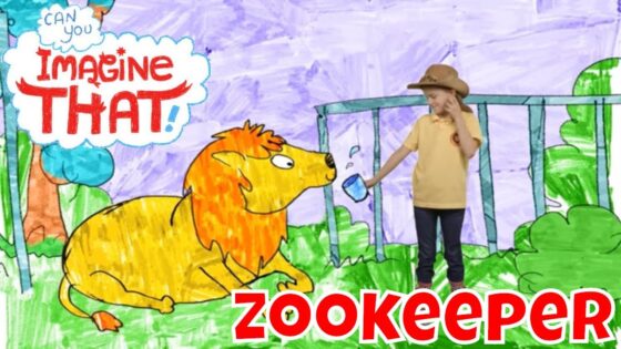 A child in a beige hat and shirt feeds a yellow lion on a grassy field with a cartoon backdrop and 'Imagine That!' title nearby.