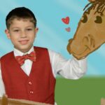 Young boy in a red vest and bow tie smiles as he pets a cartoon horse against a blue sky.