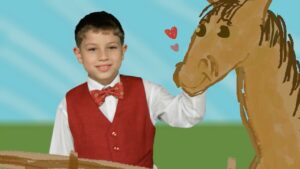 Young boy in a red vest and bow tie smiles as he pets a cartoon horse against a blue sky.